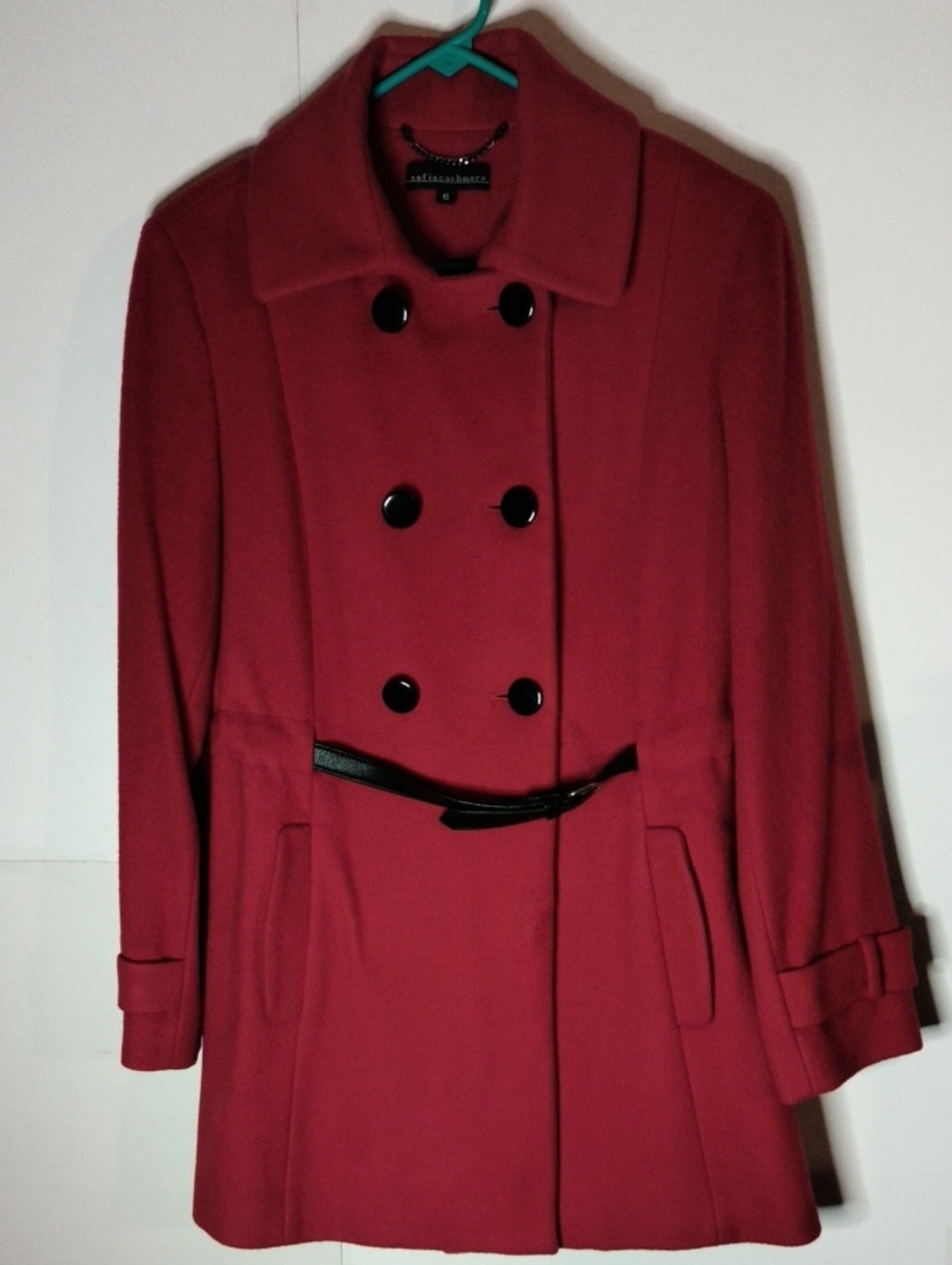 Sofia Cashmere Red Double-Breasted Wool/Cashmere Coat with Belt - Size 6